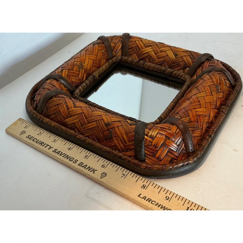 Vintage Woven Rattan Bamboo Square Wall Mirror Boho Decor 10in Small